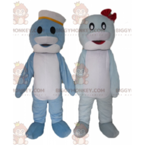 2 BIGGYMONKEY's blauwe en witte vis dolfijnen mascotte -