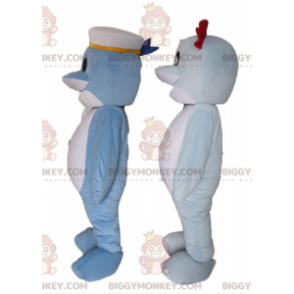 2 BIGGYMONKEY™s blau-weißes Fisch-Delfin-Maskottchen -