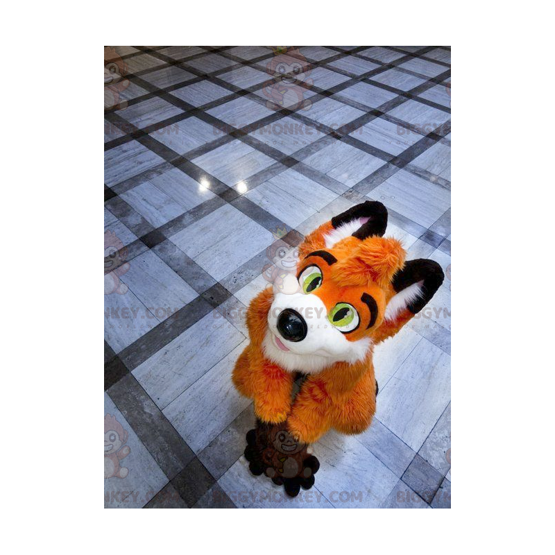 Traje de mascote BIGGYMONKEY™ de raposa branca e preta laranja