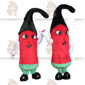 2 červené, zelené a černé chilli papričky maskota BIGGYMONKEY™