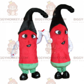 2 maskottia BIGGYMONKEY™ punaista vihreää ja mustaa