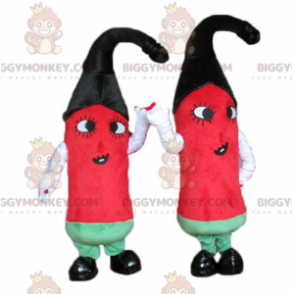 2 červené, zelené a černé chilli papričky maskota BIGGYMONKEY™