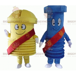 2 maskot BIGGYMONKEY™s af kæmpe skruer, en blå og en gul -