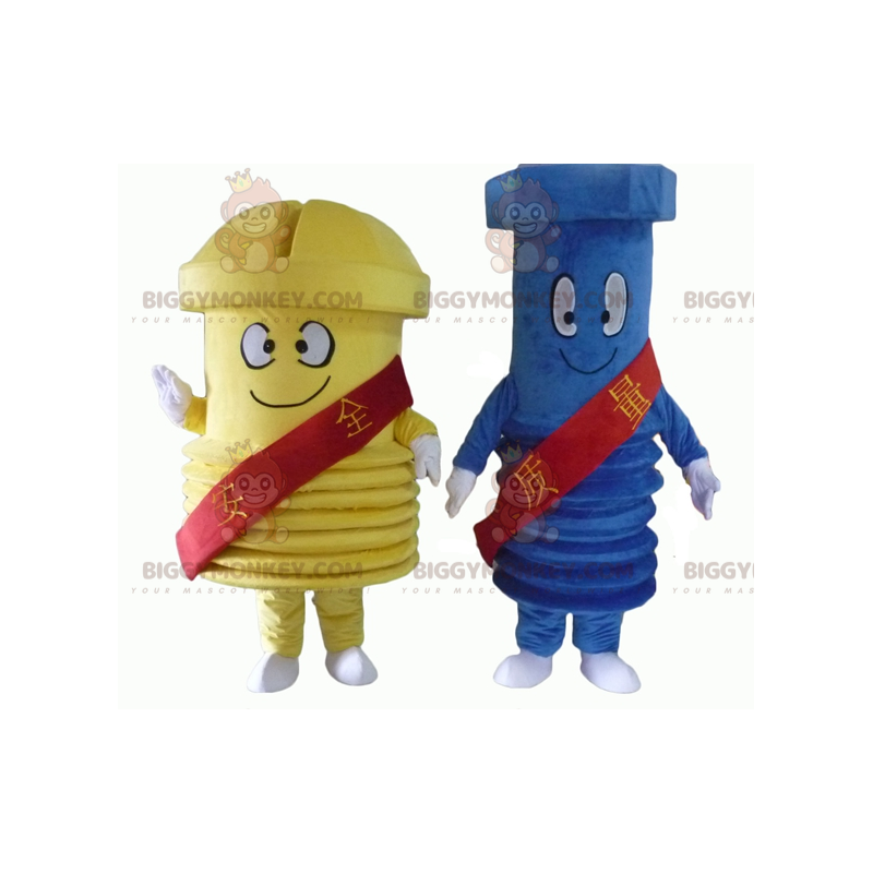 2 mascot BIGGYMONKEY™s of giant screws one blue and one yellow