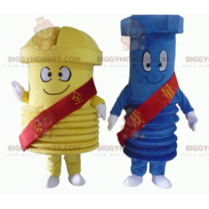 2 mascot BIGGYMONKEY™s of giant screws one blue and one yellow