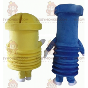 2 mascot BIGGYMONKEY™s of giant screws one blue and one yellow