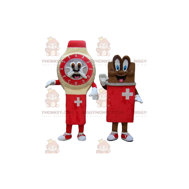 2 BIGGYMONKEY™s maskot et schweizisk ur og chokoladebar -