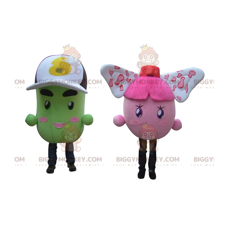 2 maskot BIGGYMONKEY™s av färgglada figurer av rosa och grön