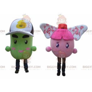 2 mascotes BIGGYMONKEY™s de figuras coloridas de batatas rosa e