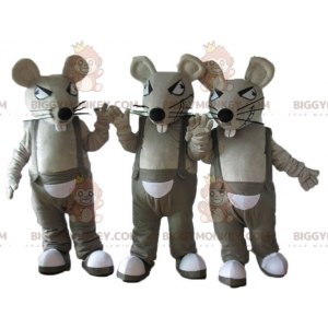 3 mascottes BIGGYMONKEY™ de rats gris et blancs en salopette -