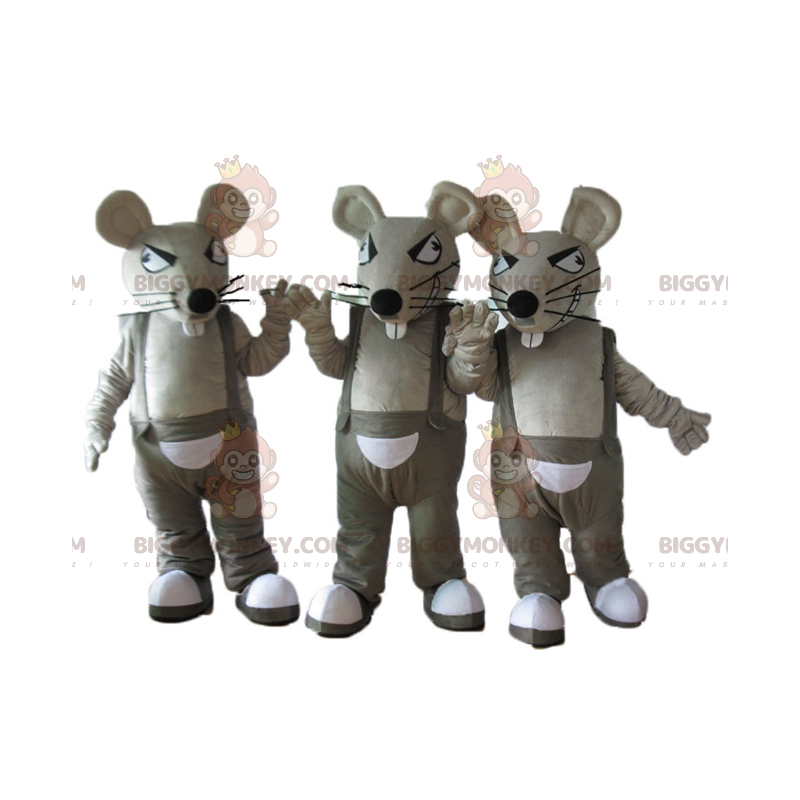 3 BIGGYMONKEY™s mascot gray and white rats in overalls –