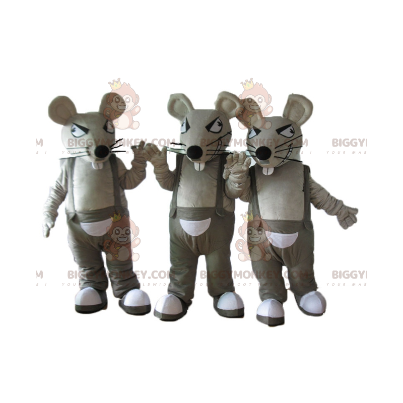 3 mascottes BIGGYMONKEY™ de rats gris et blancs en salopette -