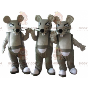 3 BIGGYMONKEY's mascotte grijze en witte ratten in overalls -