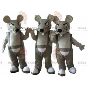3 BIGGYMONKEY™s mascot gray and white rats in overalls –
