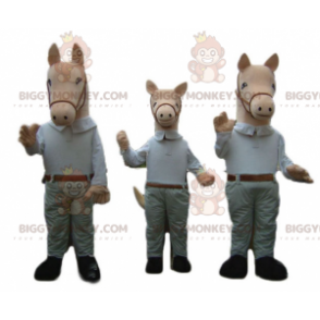 3 mascotas de caballos BIGGYMONKEY™ vestidas con camisa y