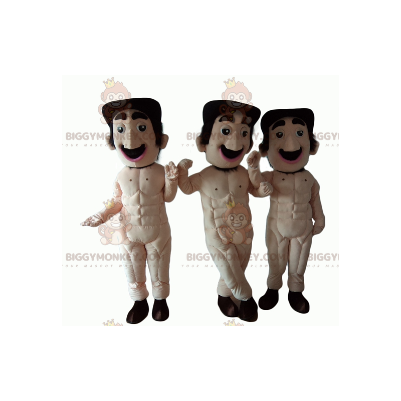 3 mascottes BIGGYMONKEY™ d'hommes moustachus entièrement nus -