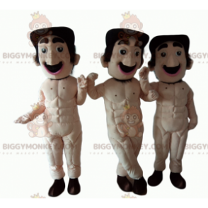 3 mascottes BIGGYMONKEY™ d'hommes moustachus entièrement nus -