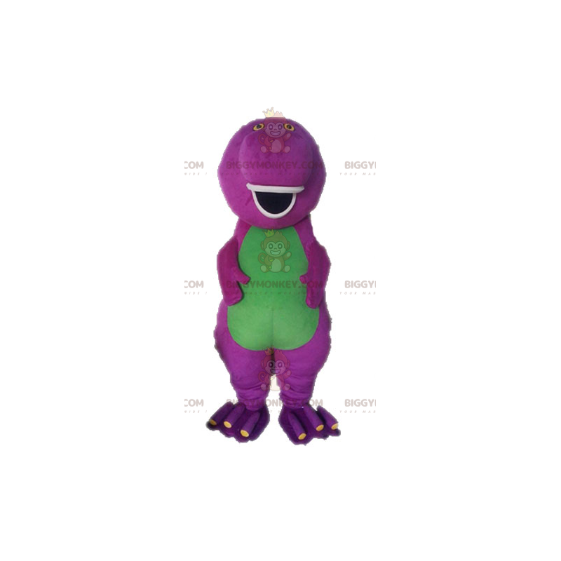 Mascote de dinossauro roxo e verde. Fantasia de Cortar L (175-180CM)