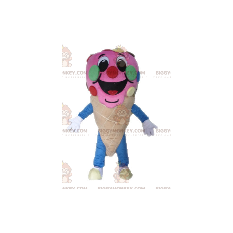 Costume de mascotte BIGGYMONKEY™ de cornet de glace rose.