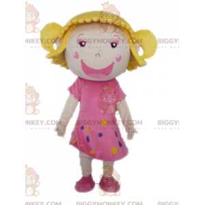 Traje de mascote BIGGYMONKEY™ menina loira com vestido rosa –
