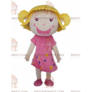 BIGGYMONKEY™ Mascottekostuum Blond meisje met roze jurk -