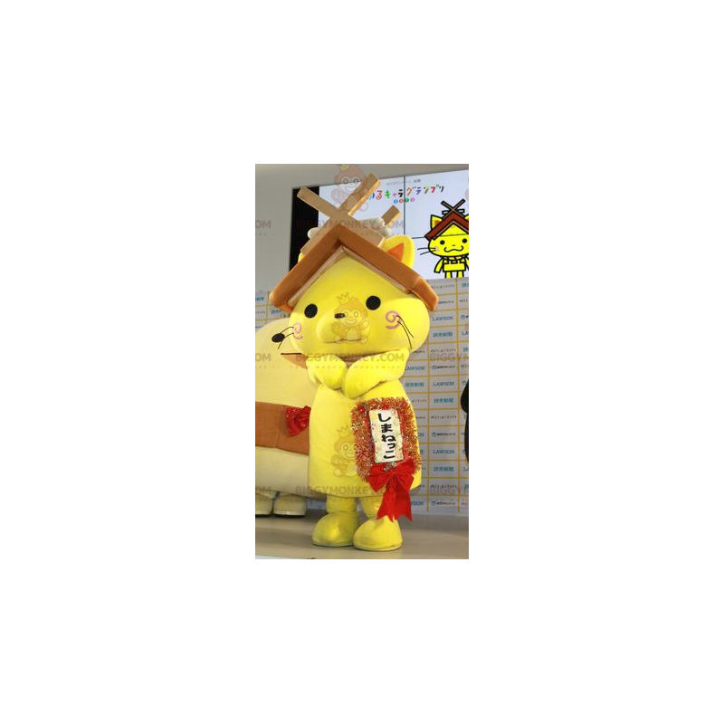 Traje de mascote BIGGYMONKEY™ Gato amarelo com telhado de casa