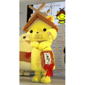 BIGGYMONKEY™ Maskottchenkostüm Gelbe Katze mit Hausdach auf dem