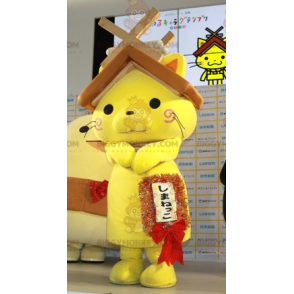 Traje de mascote BIGGYMONKEY™ Gato amarelo com telhado de casa