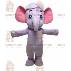 Costume de mascotte BIGGYMONKEY™ d'éléphant violet et rose.
