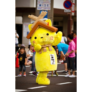Kostým maskota BIGGYMONKEY™ Žlutá kočka se střechou domu na