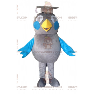 BIGGYMONKEY™ mascot costume of gray and blue bird. Graduate