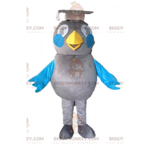 BIGGYMONKEY™ maskotkostume af grå og blå fugl. Uddannet