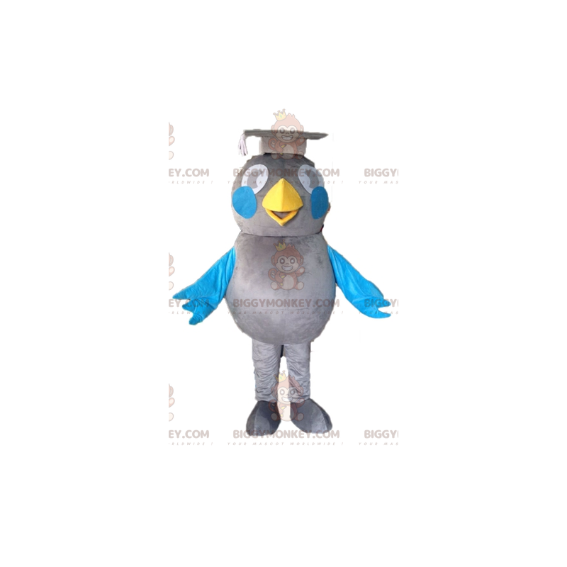Traje de mascote BIGGYMONKEY™ de pássaro cinza e azul. Traje de