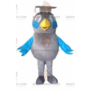 BIGGYMONKEY™ maskottiasu harmaasta ja sinisestä linnusta.