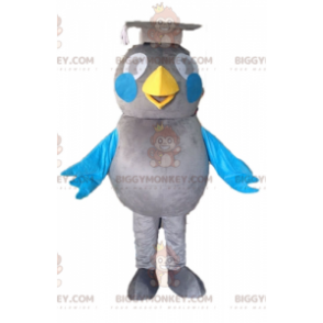 Traje de mascote BIGGYMONKEY™ de pássaro cinza e azul. Traje de