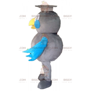 BIGGYMONKEY™ maskottiasu harmaasta ja sinisestä linnusta.