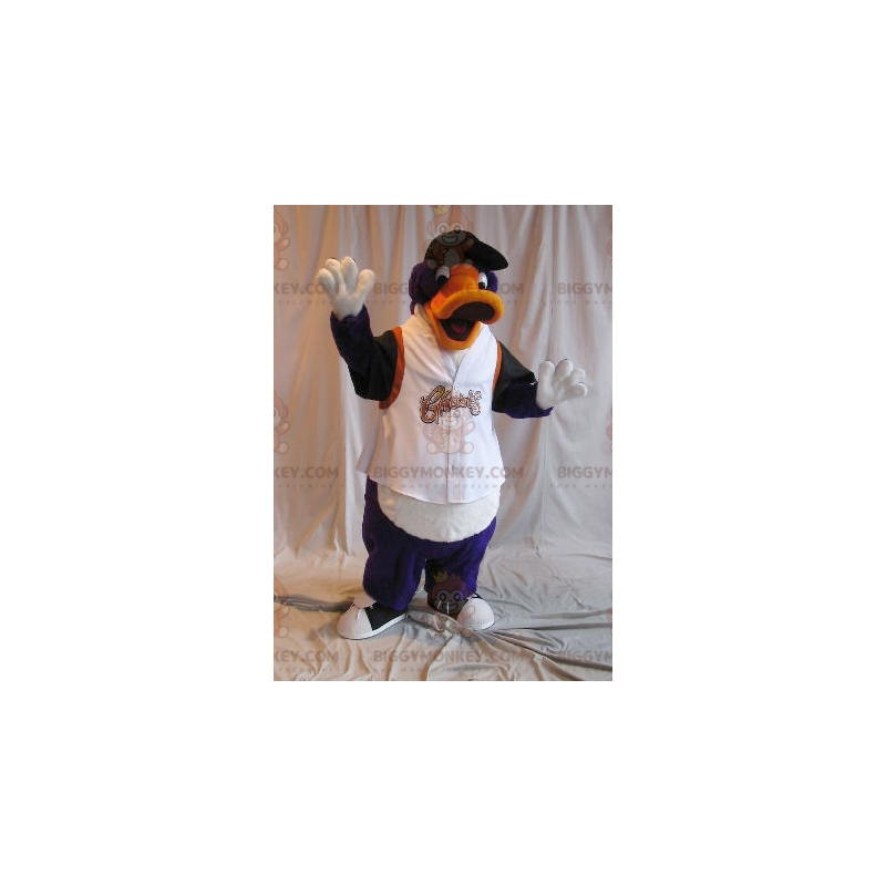 Traje de mascote de pato laranja roxo e preto BIGGYMONKEY™ em