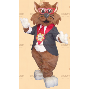 Στολή μασκότ καφέ γάτας BIGGYMONKEY™ με γυαλιά και κοστούμι