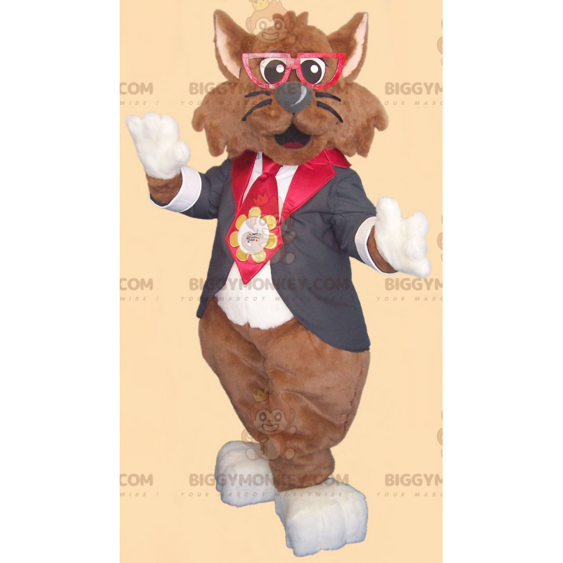 Brun katt BIGGYMONKEY™ maskotdräkt med glasögon och slipsdräkt