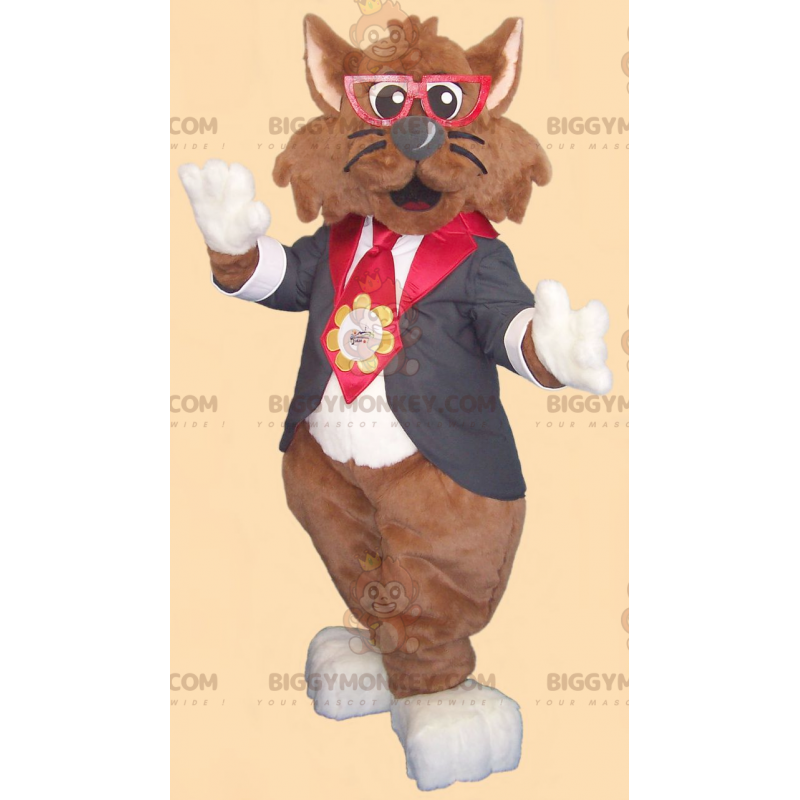 Traje de mascote de gato marrom BIGGYMONKEY™ com óculos e