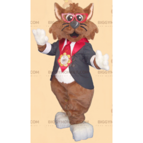 Brown Cat BIGGYMONKEY™ Mascot Costume with Glasses and Tie Suit