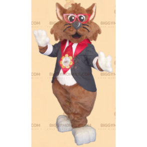 Brun kat BIGGYMONKEY™ maskotkostume med briller og bindedragt -