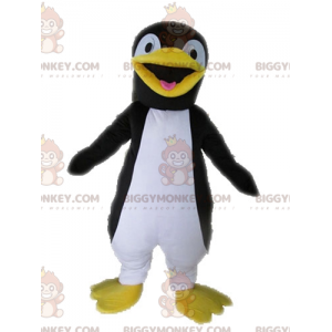 Traje de mascote gigante de pinguim preto amarelo e branco