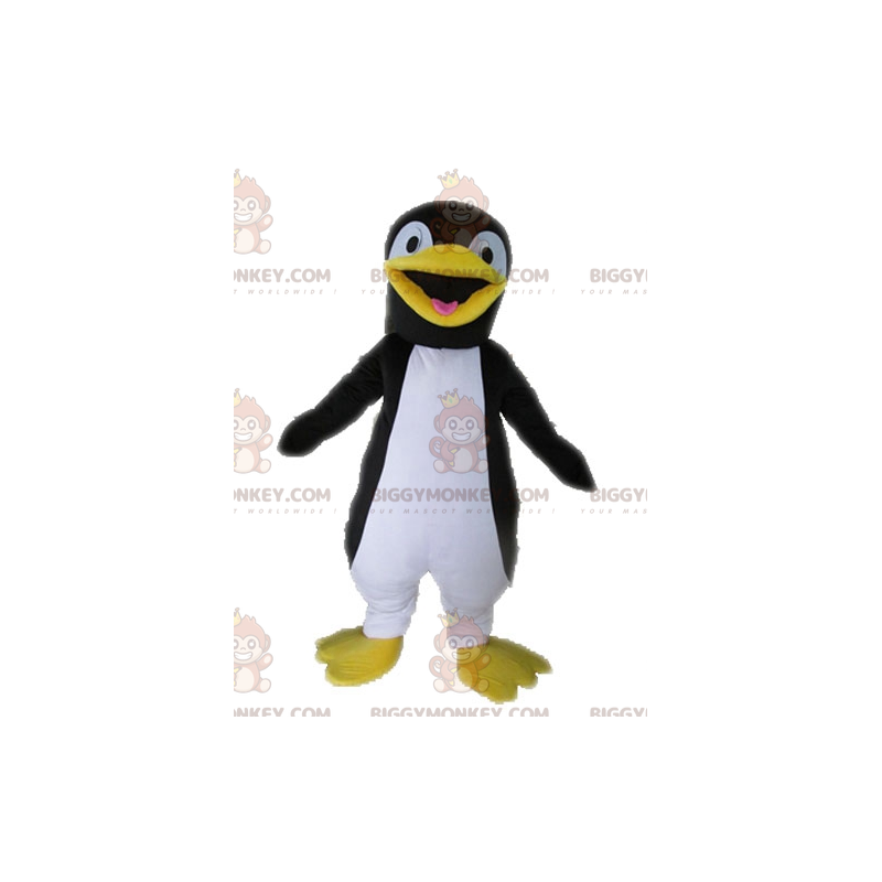 Traje de mascote gigante de pinguim preto amarelo e branco