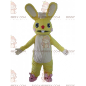 Rolig jätte gul och vit kanin BIGGYMONKEY™ maskotdräkt -
