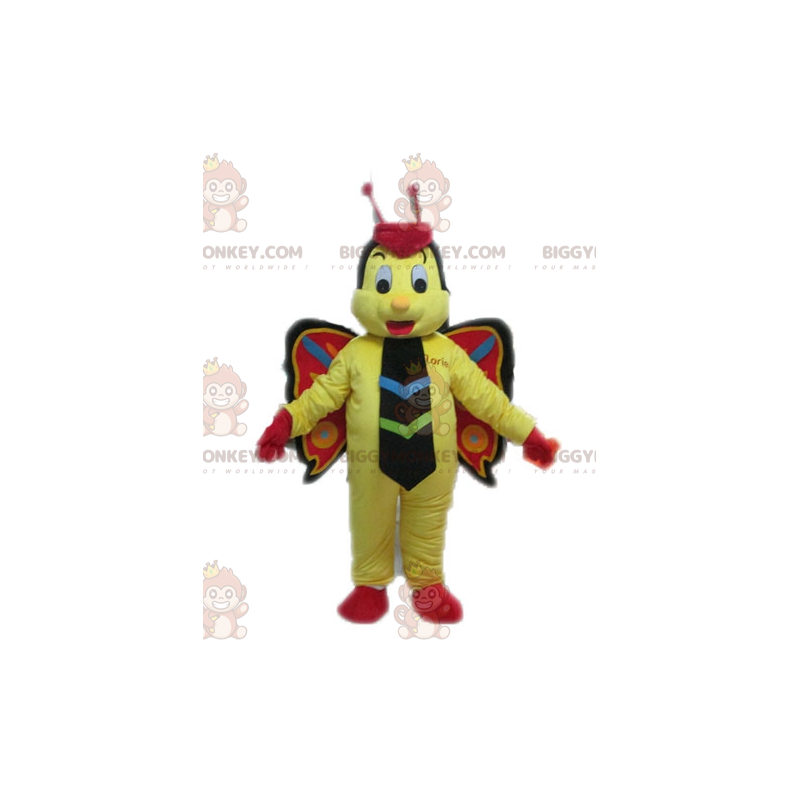 Traje de mascote amarelo borboleta vermelha e preta