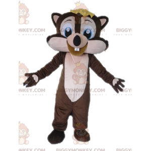 Traje de mascote de esquilo marrom e rosa muito sorridente
