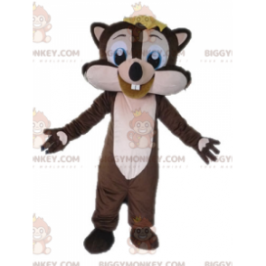 Traje de mascote de esquilo marrom e rosa muito sorridente