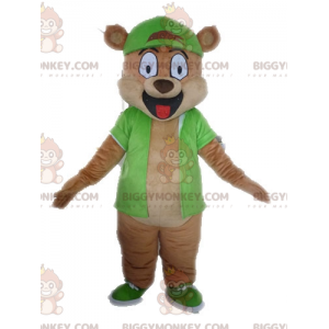 BIGGYMONKEY™ kæmpe brun bjørnemaskotkostume klædt i grønt -