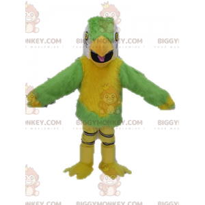 Traje de mascote de papagaio verde amarelo e branco